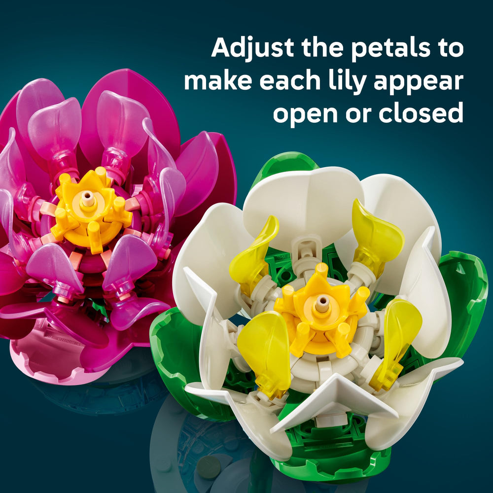 LEGO stem and connector close-up showing sturdy build and adjustable petal hinges