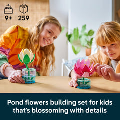 LEGO white water lily close-up highlighting opalescent petals and natural realism