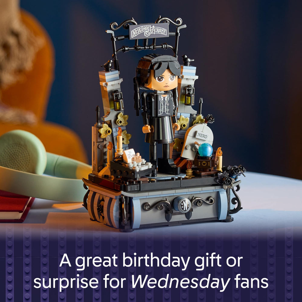 LEGO Wednesday Addams figure with Nevermore Academy gate sparks imaginative adventures.