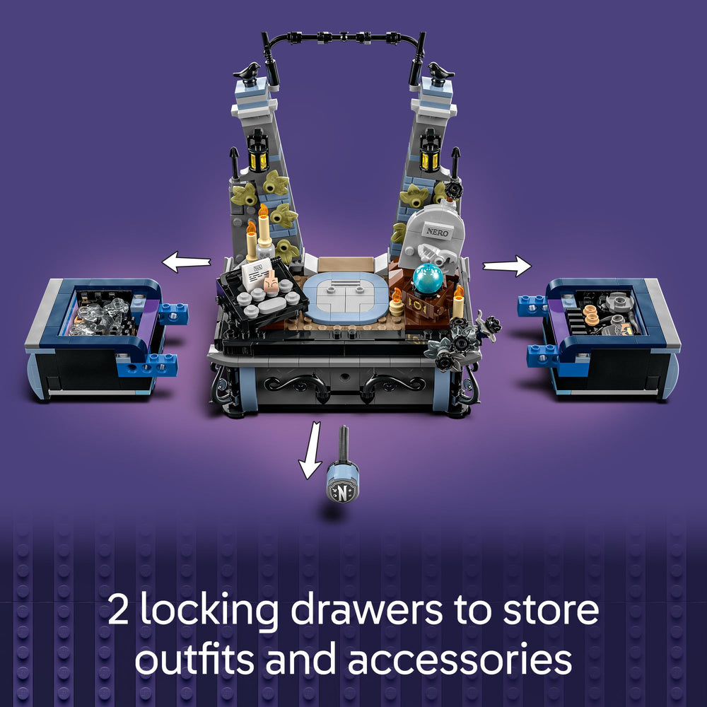 LEGO Wednesday Addams figure with typewriter and accessories for storytelling prompts.