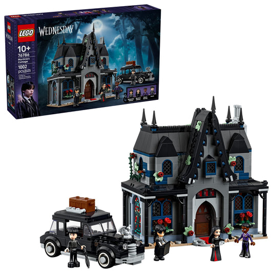 LEGO Wednesday Morticia's Cottage front view sparks spooky storytelling during pretend play.