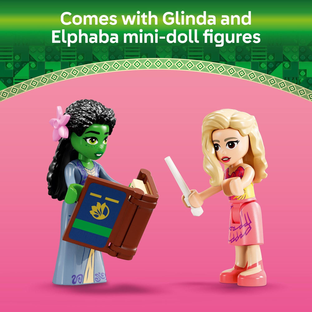 Glinda’s flower and Elphaba’s bottle decorations on the dorm build