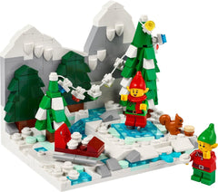 LEGO Winter Elves Scene brick trees with lights create a cozy holiday display and play setup.