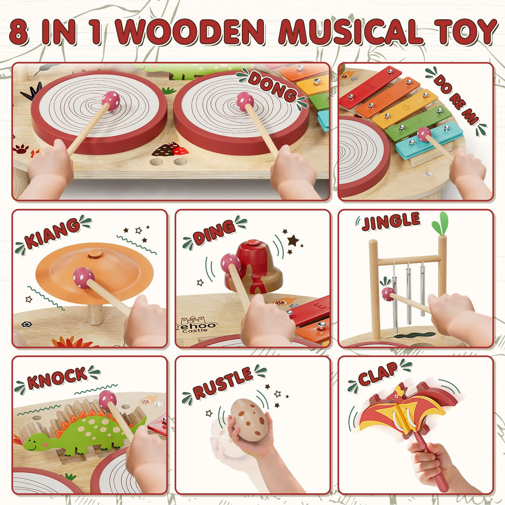 Lehoo Castle drum sticks beside drums designed for little hands and rhythm learning.