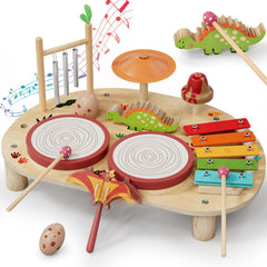 Lehoo Castle baby drum set top view showing 8-in-1 wooden instruments for sensory play.