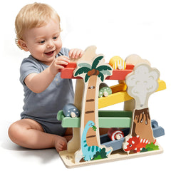 Lehoo Castle dinosaur car ramp in action, perfect for toddler racing play.