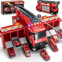 Lehoo Castle fire truck with extendable ladder for developing fine motor skills during play.