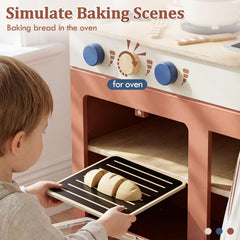 Lehoo Castle play kitchen storage shelves help tidy play space and organize pretend ingredients.