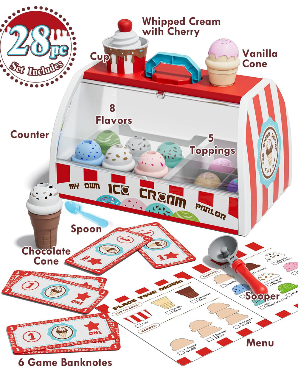 Lehoo Castle toppings tray encourages counting and pretend purchases during play.