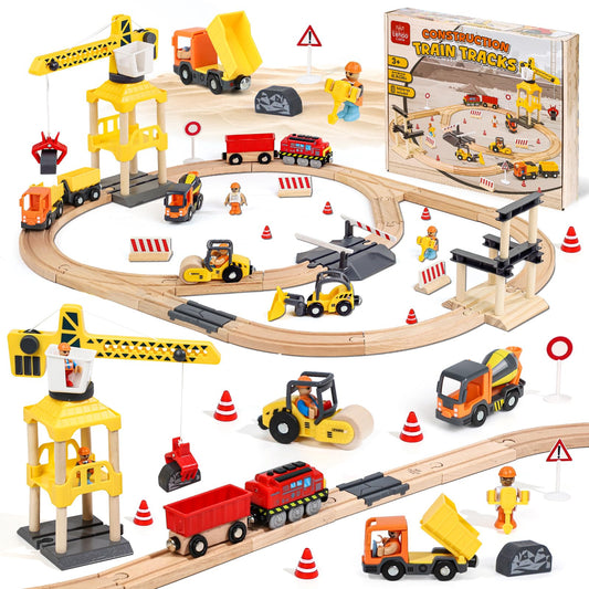 Lehoo Castle wooden train track setup promotes open-ended construction play.