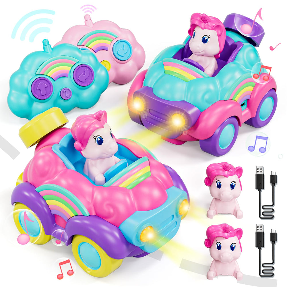 Lehoo Castle unicorn RC cars two-pack front view with bright headlights for toddlers.