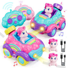 Lehoo Castle unicorn RC cars two-pack front view with bright headlights for toddlers.