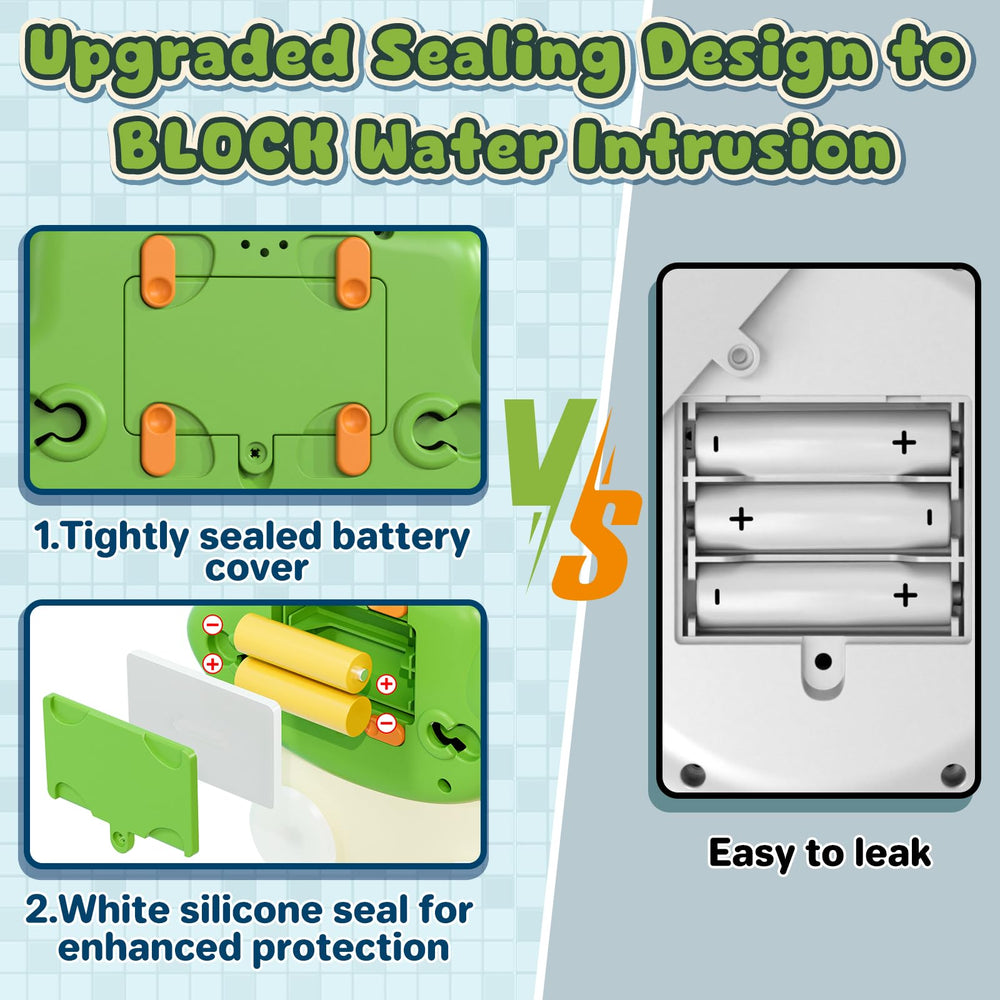 Waterproof battery compartment keeps components dry during bath play.
