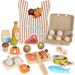 Lehoo Castle wooden play food set collection with varied items for imaginative play