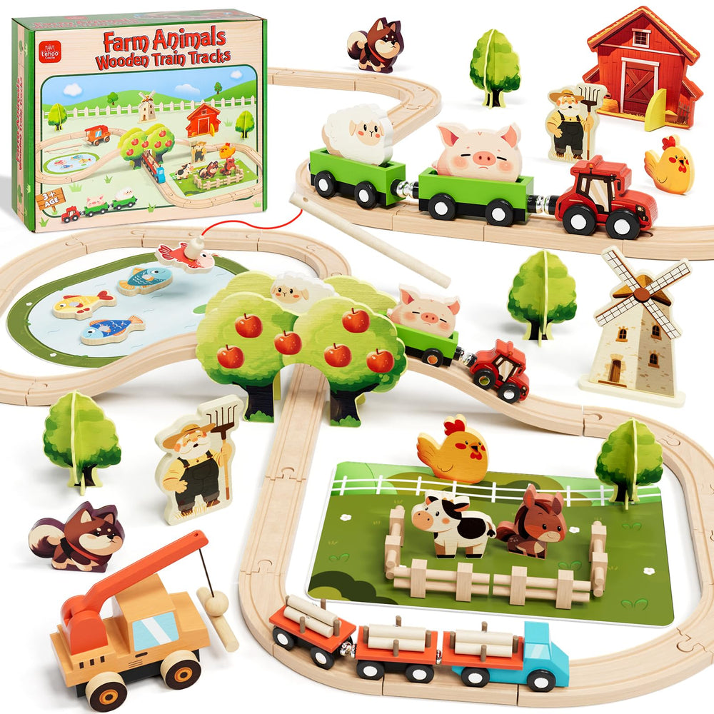Lehoo Castle wooden train set with toddler-friendly track for imaginative play.