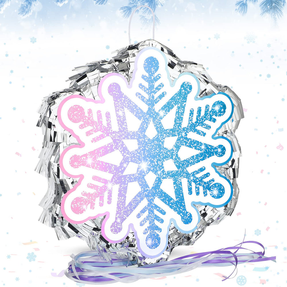 Leitee Snowflake Pinata with blue decor, ideal winter party centerpiece.