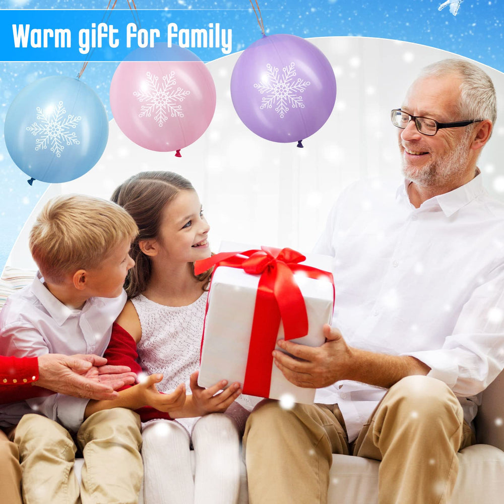 Leitee snowflake punch balloons in party scene, ideal for birthdays.