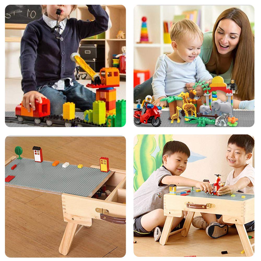 Lekebaby grey baseplates provide a neutral canvas for colorful bricks.
