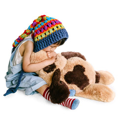 LELELONG stuffed dog in a hug scenario emphasizing comfort and companionship.