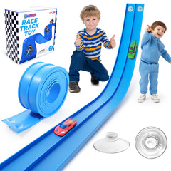 Lemostaar 15ft flex track roll-up in action for instant, portable racing fun on smooth surfaces.