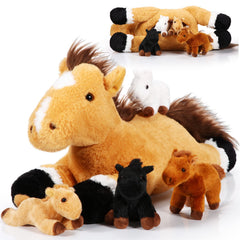 Lenwen 5 Pcs Horse Plush Set with mommy and babies, perfect for imaginative play