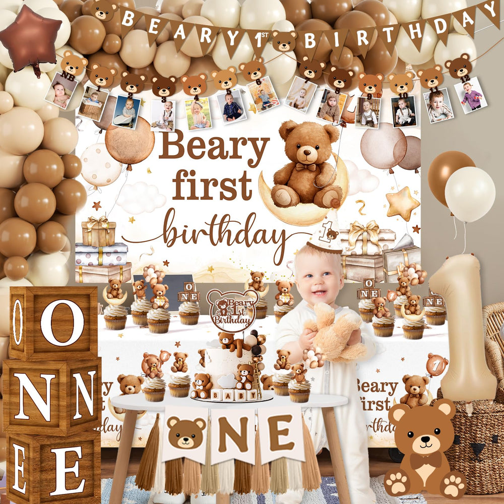 Lenyunge Beary first birthday backdrop 5x3ft creates a cozy focal point for photos