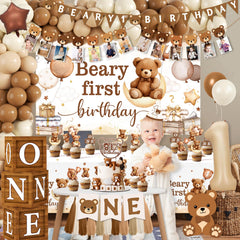 Lenyunge Beary first birthday backdrop 5x3ft creates a cozy focal point for photos