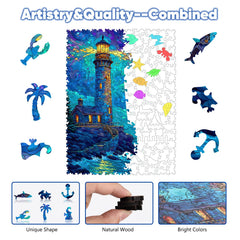 Leodozzio Lighthouse puzzle pieces detail highlighting vivid silhouettes for mindful solving