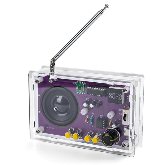 LEPANDA radio assembly close-up in an acrylic case for hands-on electronics practice.