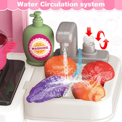 Letapapa refrigerator and storage shelf keep play food neatly organized.