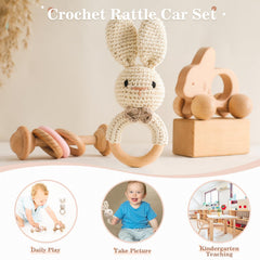 lets-make crochet animal rattle with bell stimulates auditory exploration.