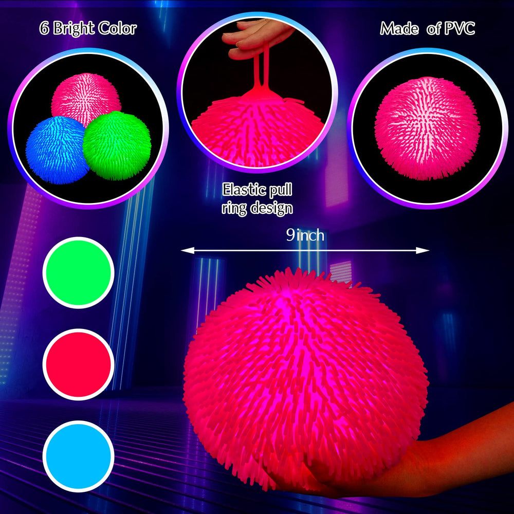 Lewtemi 9-inch blue puffer ball angle view highlighting glow and tactile fun