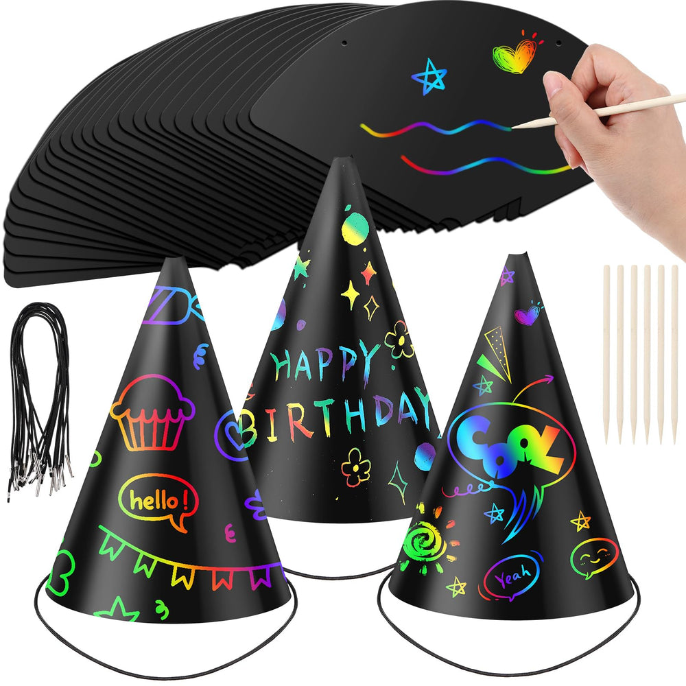 Lewtemi scratch party hats cone design ready for vibrant color reveals.
