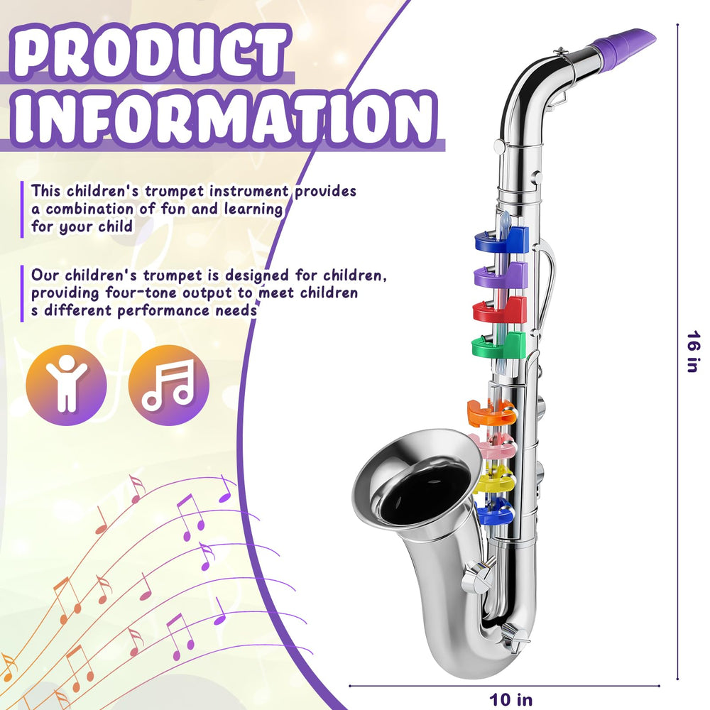 Lewtemi Silver Saxophone Toy side view shows compact beginner design.
