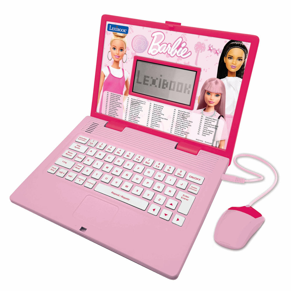 LEXiBOOK Barbie laptop front view with bright screen for engaging bilingual activities.