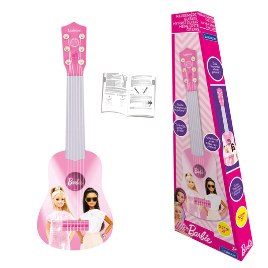 Lexibook Barbie My First Guitar front view in pink, ideal for beginner players.