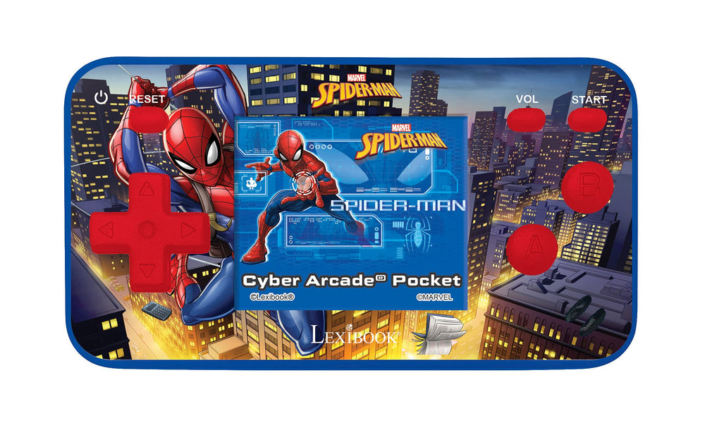 Lexibook Spider-Man Cyber Arcade pocket console front view for travel-friendly fun