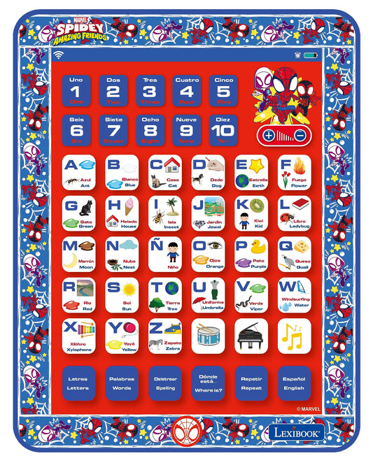 LEXiBOOK Spidey tablet front view highlights bilingual learning on the go