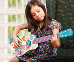 Durable plastic body keeps playtime worry-free for Lexibook Stitch guitar.