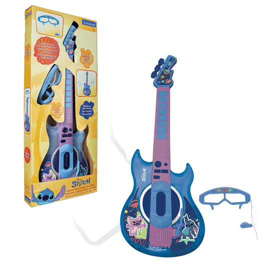 Lexibook Stitch guitar front view in blue lights for stylish beginner performances.
