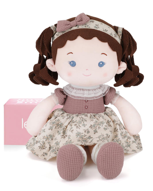 LeyaDoll 16-inch front view highlights soft, cuddle-ready companion for toddlers.
