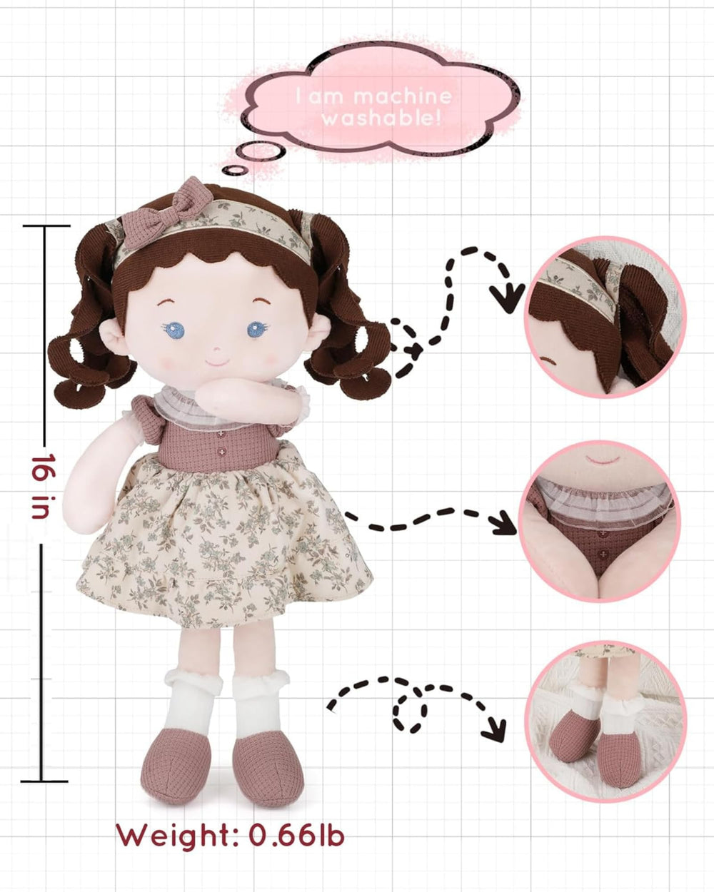 LeyaDoll 16-inch close-up shows plush fabric ideal for comforting hugs.
