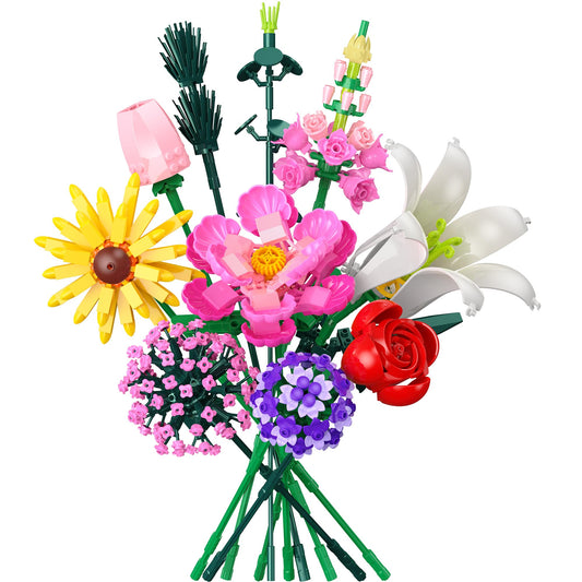 Leyic Flowers Bouquet Building Set displays 699 pieces for vibrant home decor and creative play.