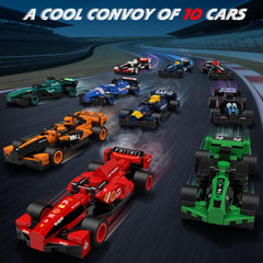 Leyic Formula race car building blocks set assembly action, kids build and customize with handheld focus.