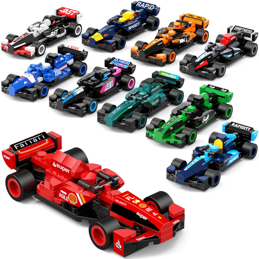 Leyic Formula race car building blocks set front view, vibrant colors spark creative race-ready play.