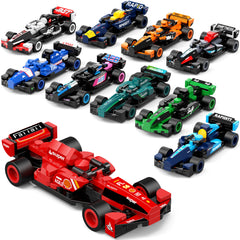 Leyic Formula race car building blocks set front view, vibrant colors spark creative race-ready play.