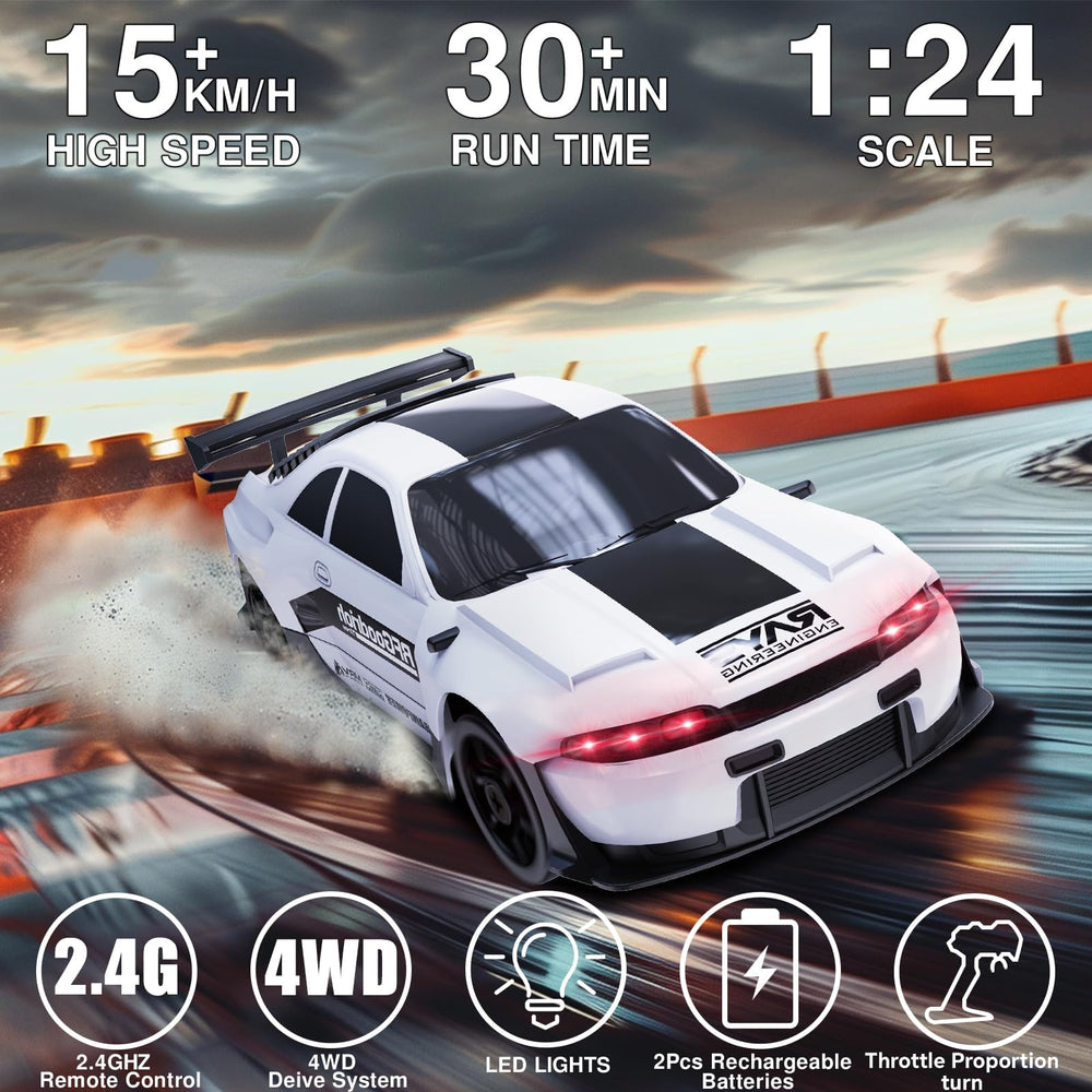 LFOLUSU RC drift car showing four-wheel drive system for strong traction.