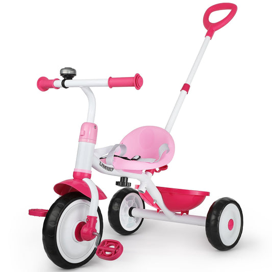 Liberry 2-in-1 toddler tricycle pink front view highlights compact, kid-friendly design.