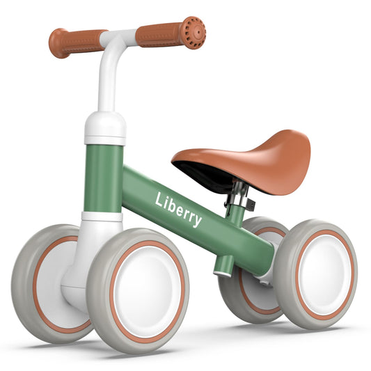 Liberry Baby Balance Bike green front view showing four-wheel stability for toddlers