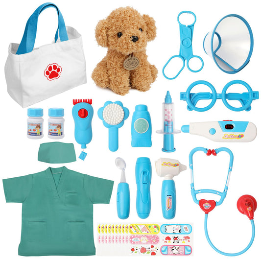 Liberry Doctor Kit blue stethoscope shown with a puppy for interactive pretend play.